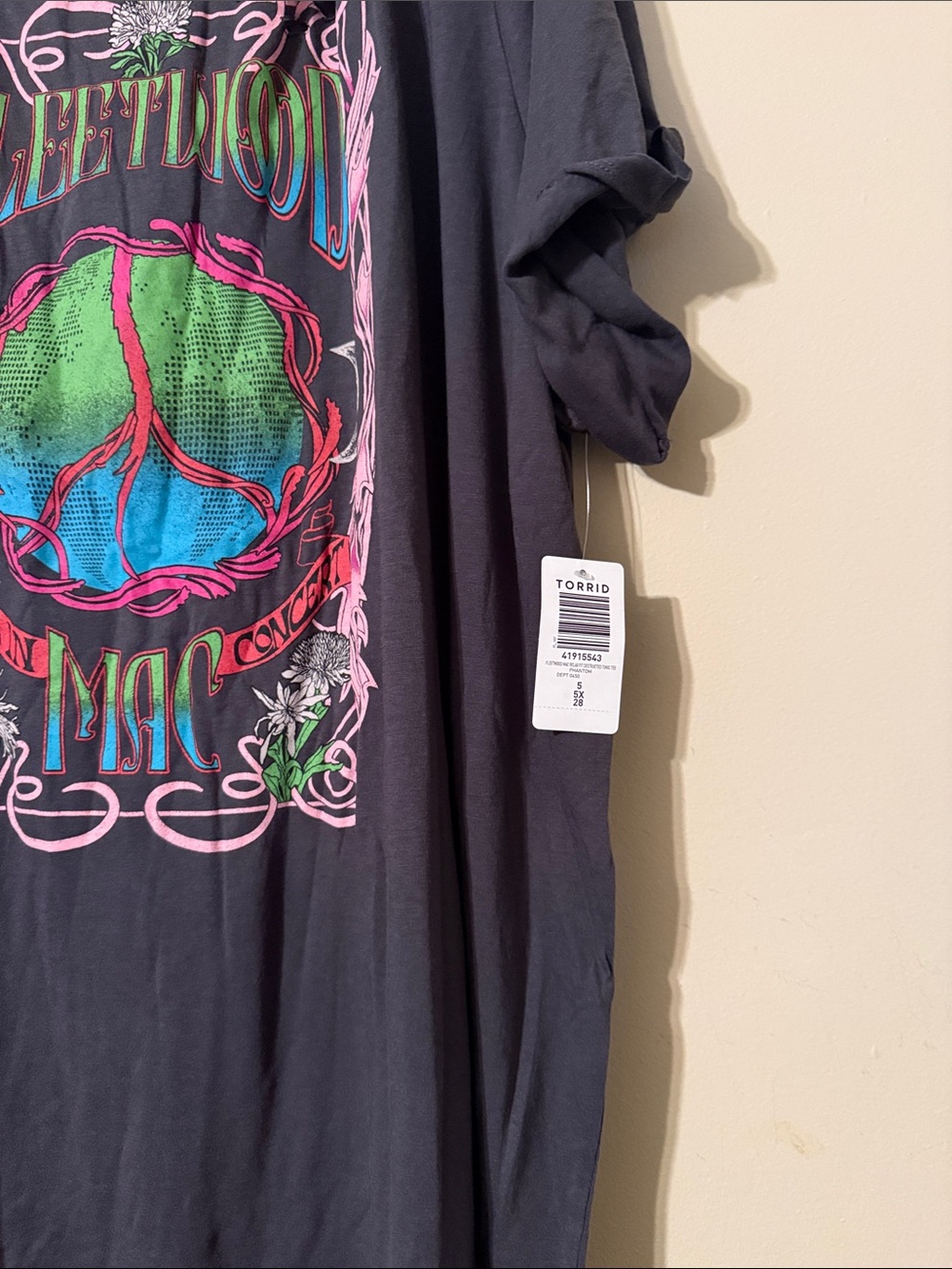 Torrid Graphic Distressed Black Tee with Neon Peach & Green Print - Picture 2 of 6